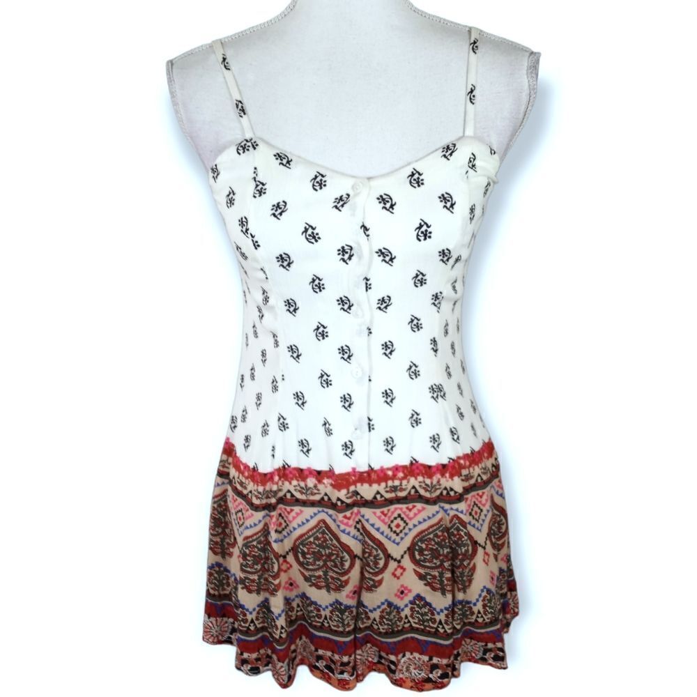 XHILARATION MULTICOLOR CREAM & TAN BUTTON DOWN ROMPER SZ.XS EUC